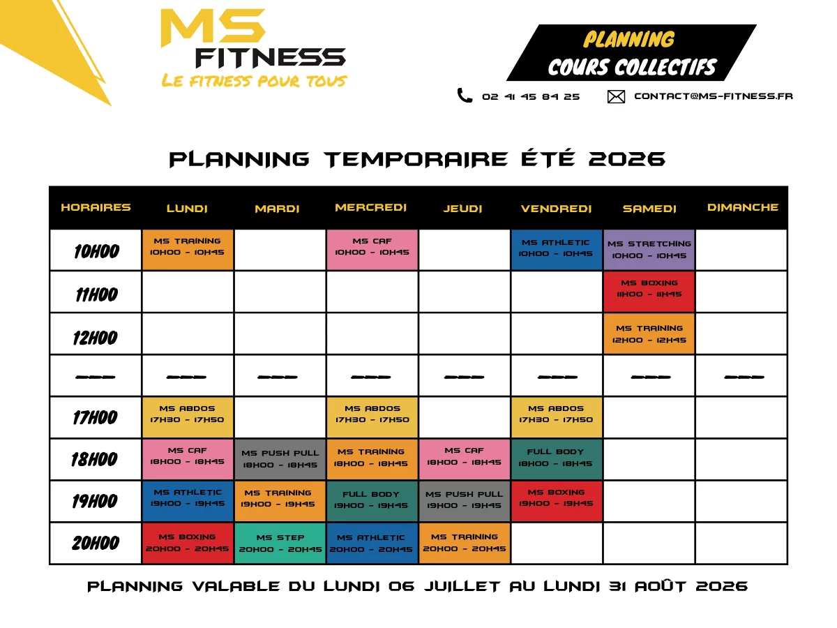 Planning cours collectifs - ÉTÉ 2026 MS Fitness